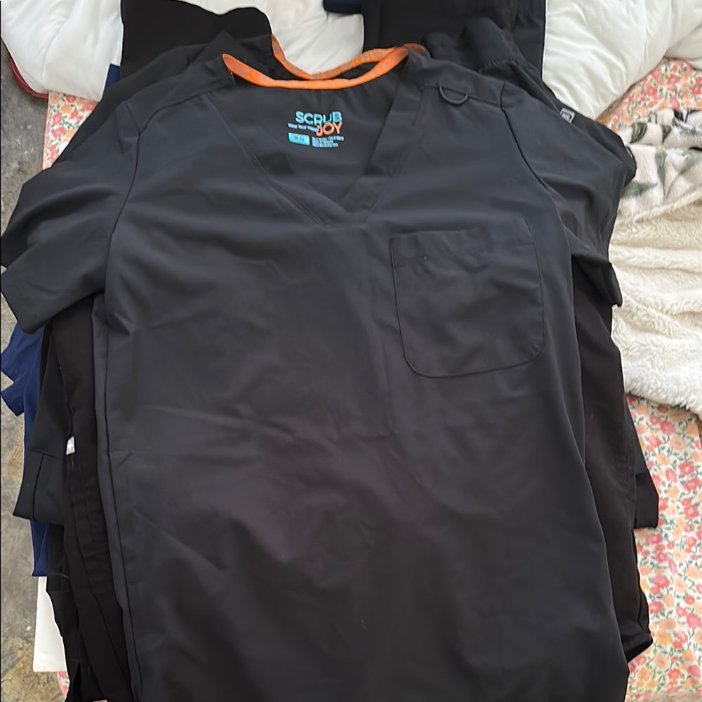 Scrub Joy Black Scrub Top with Orange Trim